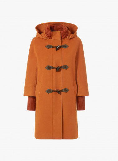 Orange pure wool parka with hood and buckles