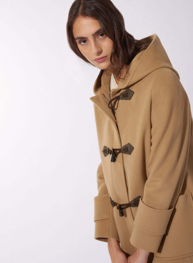 Maxi camel pure wool coat with hood and buckles