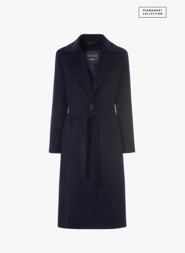 Belted fitted blue pure wool coat