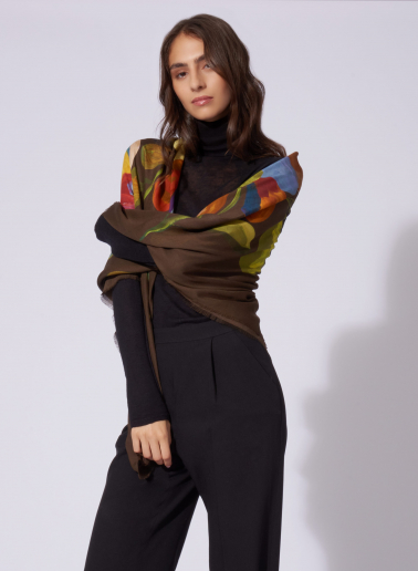 Brown modal and cashmere scarf with floral pattern