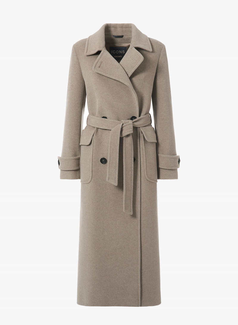 Maxi belted beige wool and cashmere trench coat
