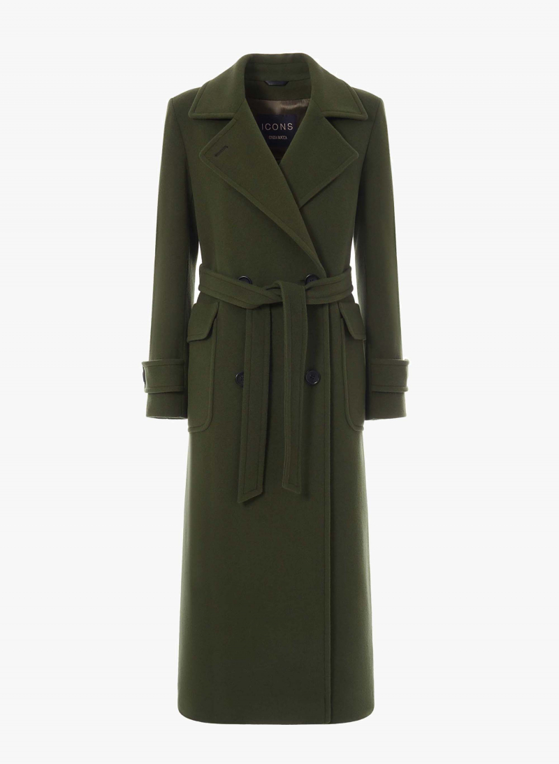 Maxi belted military green wool and cashmere trench coat | Cinzia Rocc