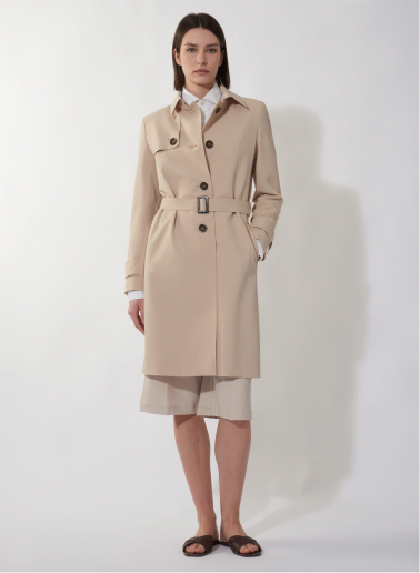 Single breasted beige trench coat in technical fabric with hand stitches