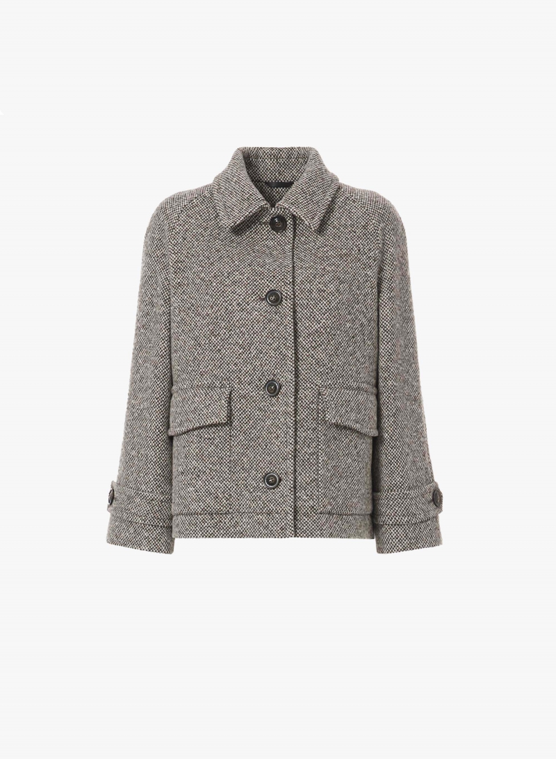 Short brown patterned wool coat with shirt collar and patch pockets