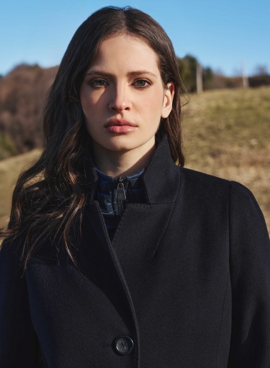 Short blue pure wool coat with detachable nylon bib