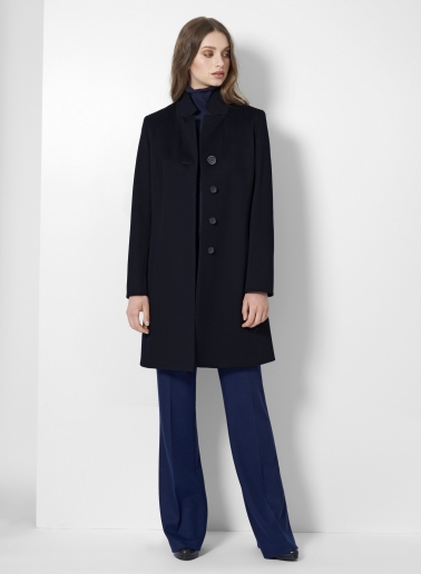 Inverted notch collar dark blue coat crafted with pure wool