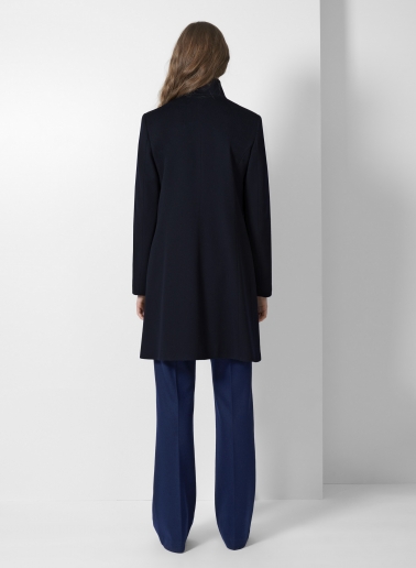 Inverted notch collar dark blue coat crafted with pure wool