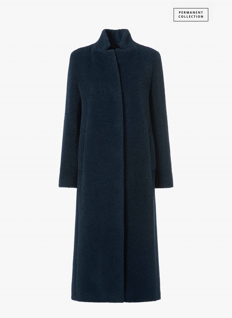 Maxi marine blue wool and alpaca coat with inverted notch collar