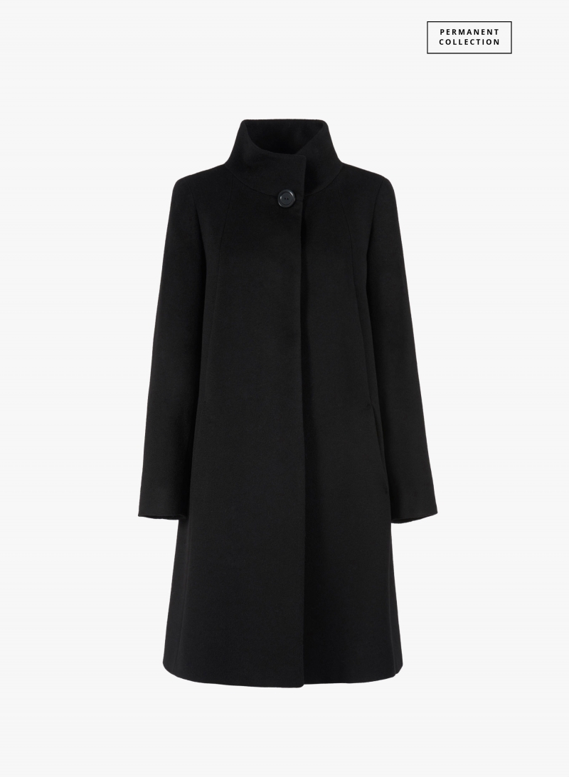 Flared black pure cashmere coat