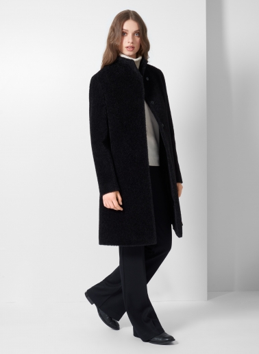Flared black wool and alpaca coat with high stand collar