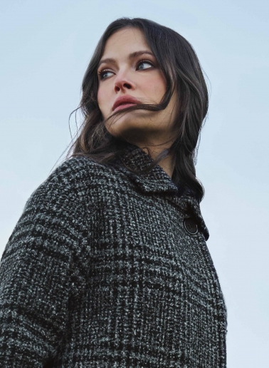 Double breasted checked coat with notch collar