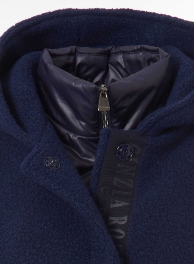 Short navy blue wool parka with detachable nylon bib