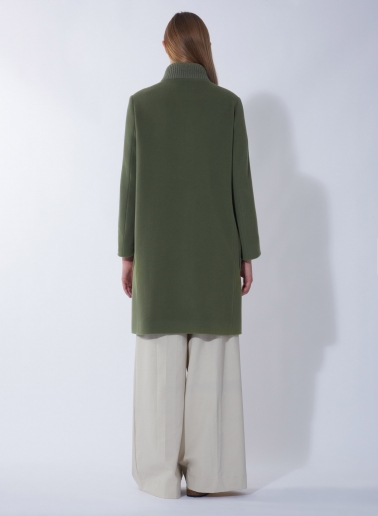 Military green wool and cashmere coat with knitted collar