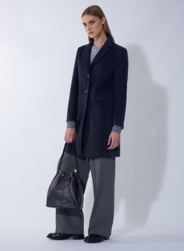 Blue genuine leather bucket bag with gusset and logo