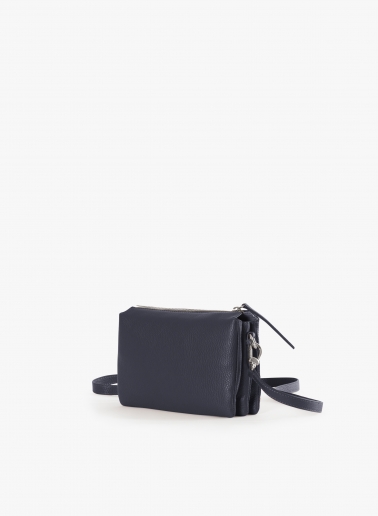 Blue genuine leather crossbody bag with three compartments