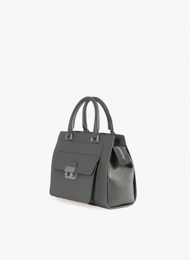 Grey genuine leather structured bag with metal closure