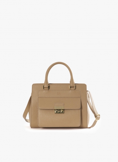 Light camel genuine leather structured bag with metal closure