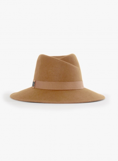 Camel wool felt asymmetric fedora hat