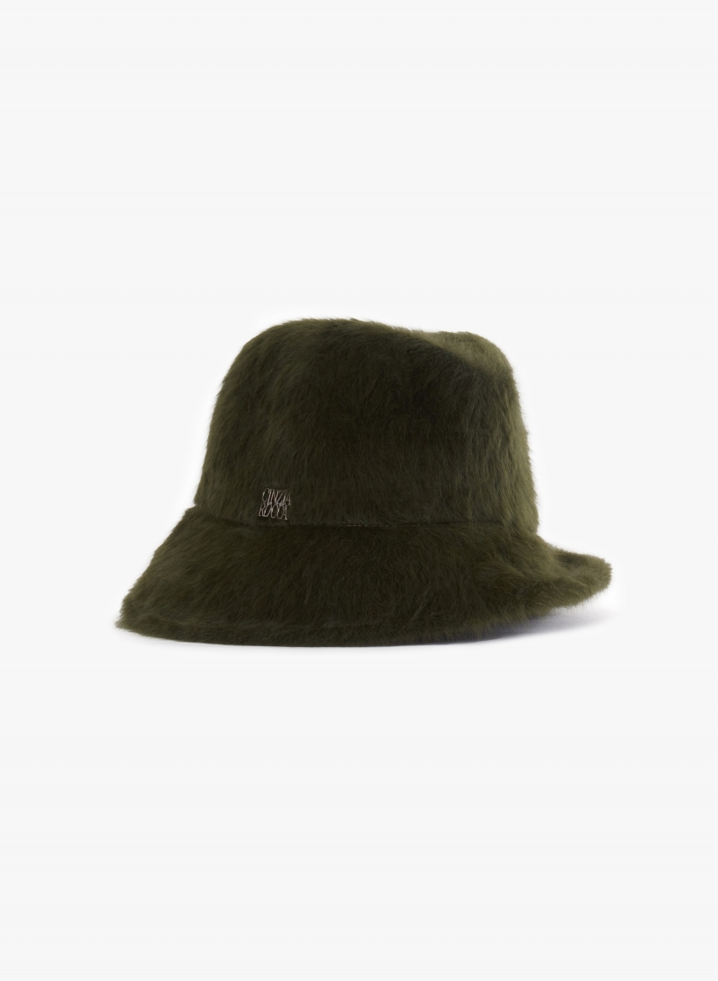 Military green wool asymmetric hat with fur effect