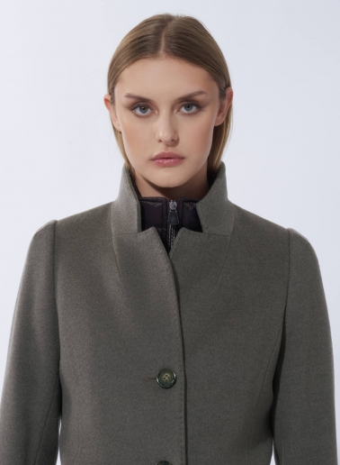 Dark taupe pure wool coat with detachable nylon bib
