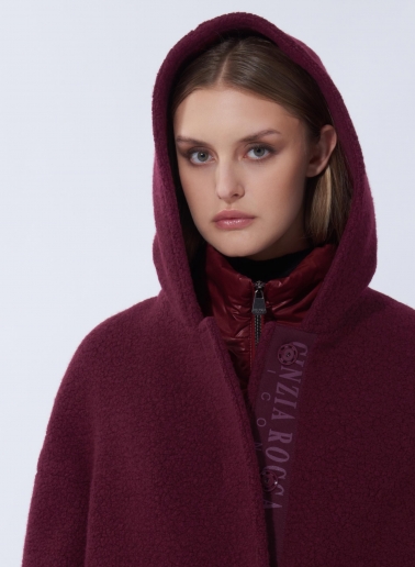 Short burgundy wool parka with detachable nylon bib
