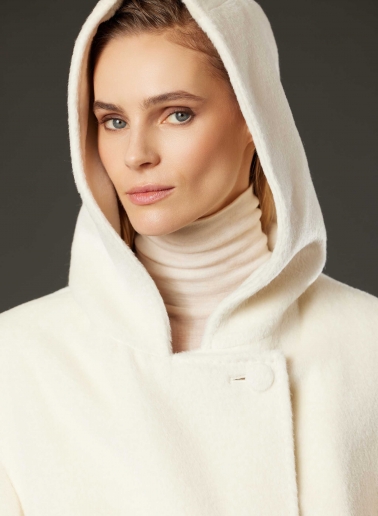 Maxi belted white alpaca and wool coat with hood