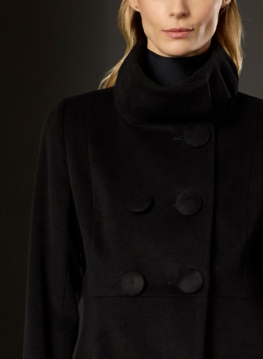 Long black pure silk frock coat with high drape collar