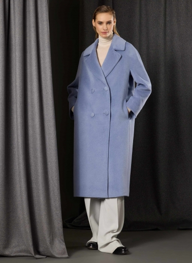 Long double breasted light blue purple coat in alpaca and wool