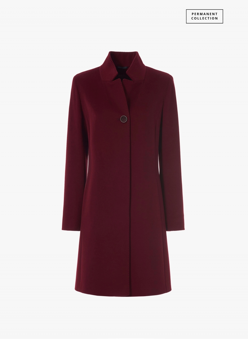 Inverted notch collar burgundy coat crafted with pure wool