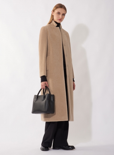 Maxi dark beige wool and alpaca coat with inverted notch collar