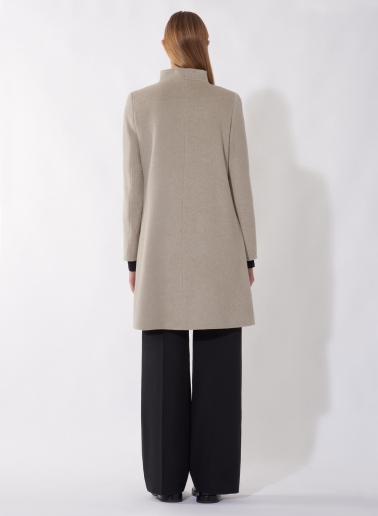 Flared dark beige pure cashmere coat with high stand up collar