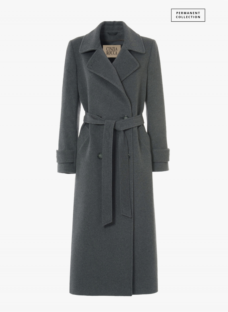 Maxi grey pure cashmere trench with belt