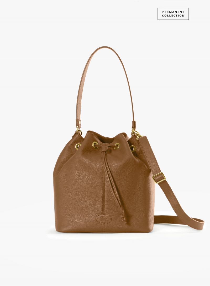 Tobacco color genuine leather bucket bag with gusset and logo