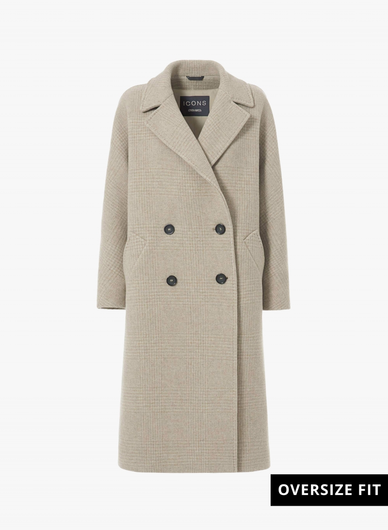 Oversized double breasted beige micro houndstooth coat