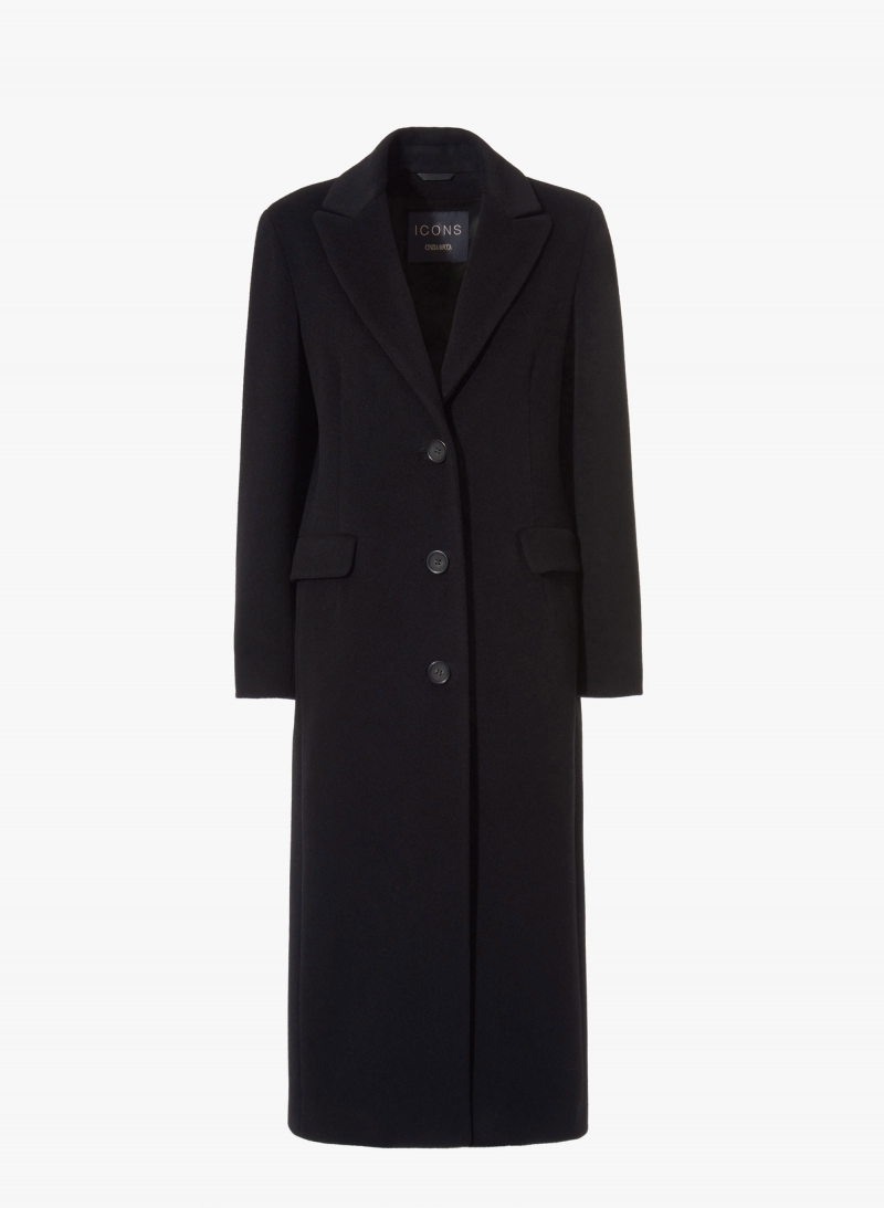 Maxi black wool and cashmere coat with masculine cut