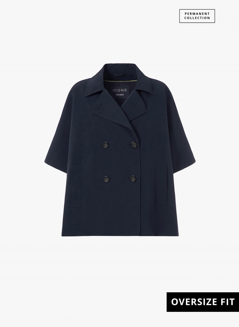 Double breasted blue cape in rainproof technical fabric