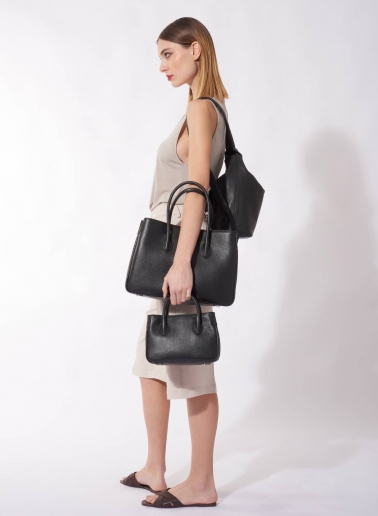 Mini black genuine leather tote bag