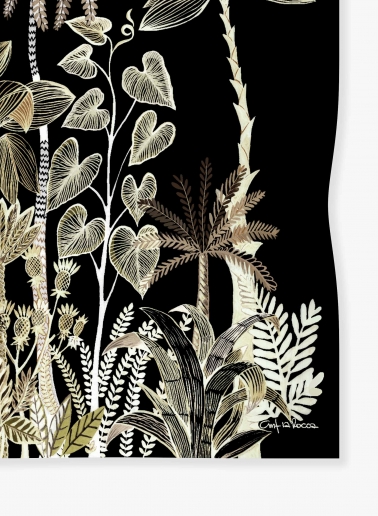 Black pure silk twill scarf with stylized plant pattern
