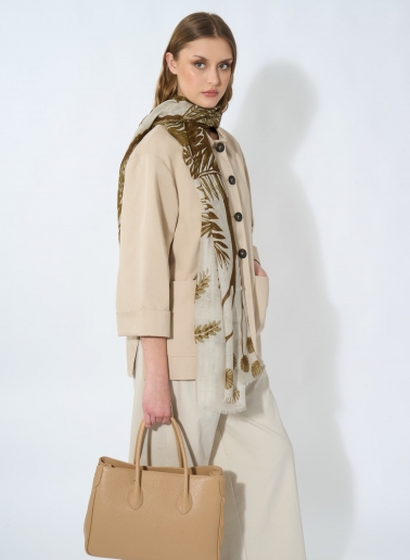 Beige modal and silk scarf with stylized plant pattern