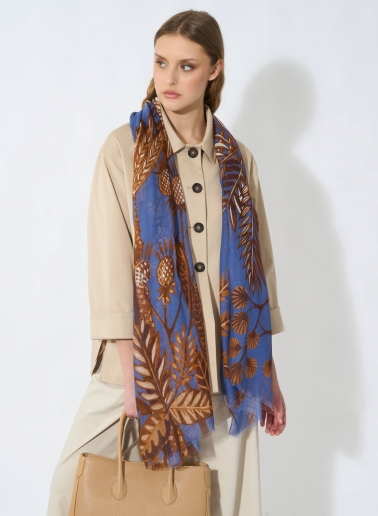 Light blue modal and silk scarf with stylized plant pattern