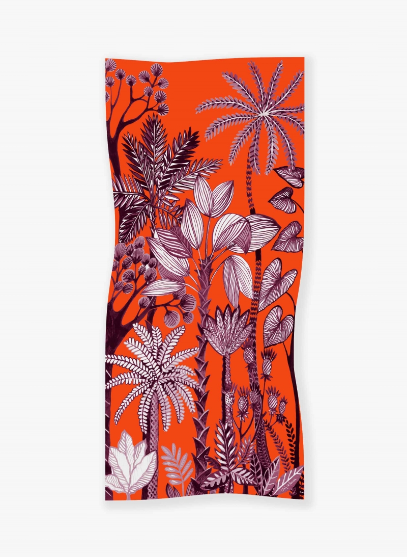 Red modal and silk scarf with stylized plant pattern