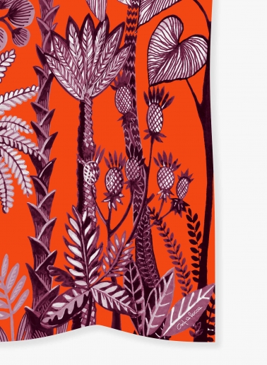 Red modal and silk scarf with stylized plant pattern