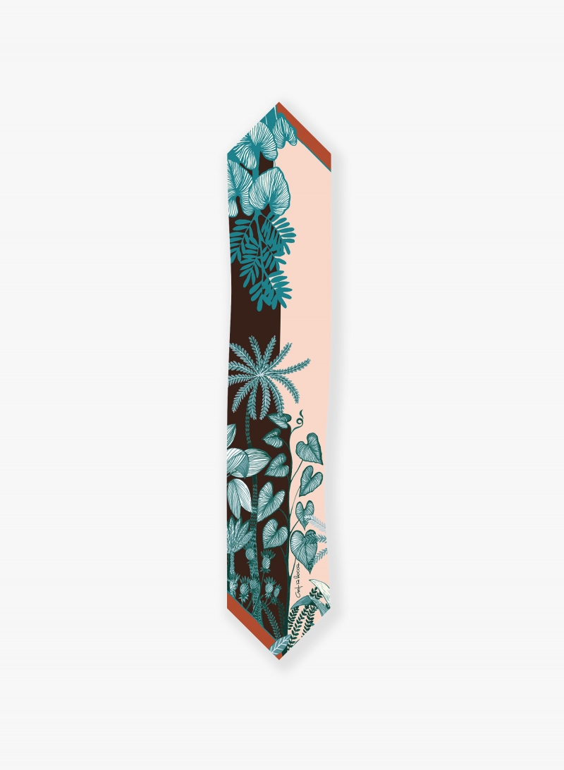 Pink silk twill headband with nature pattern