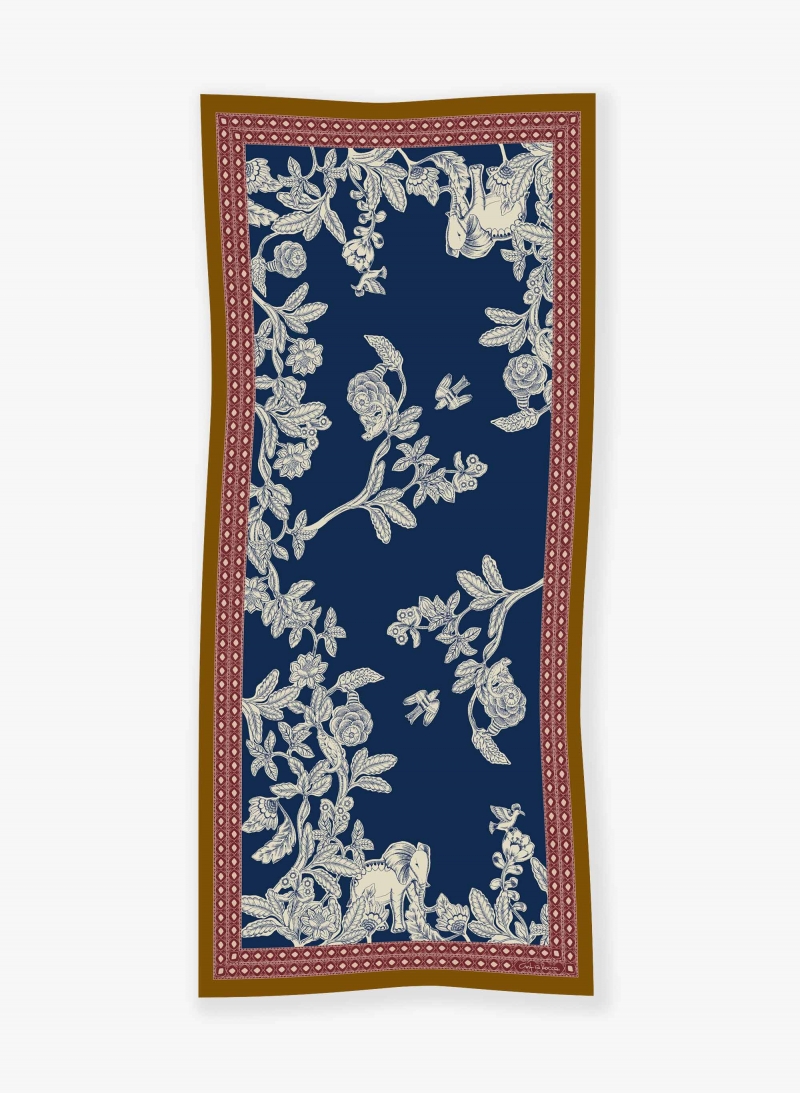 Blue cotton maxi scarf with flower and animals pattern