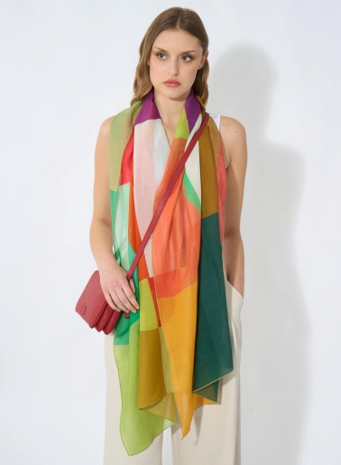 Green cotton and silk maxi scarf with checks and heart pattern
