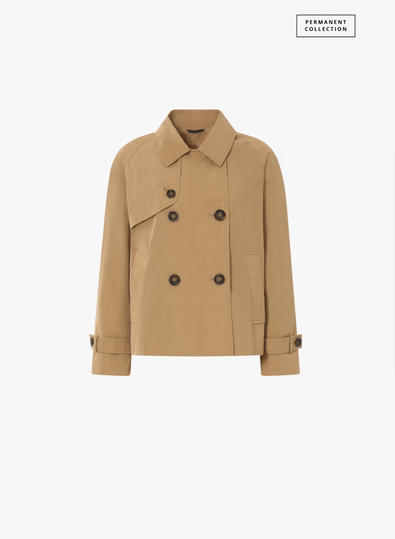Double breasted camel jacket in rainproof technical fabric