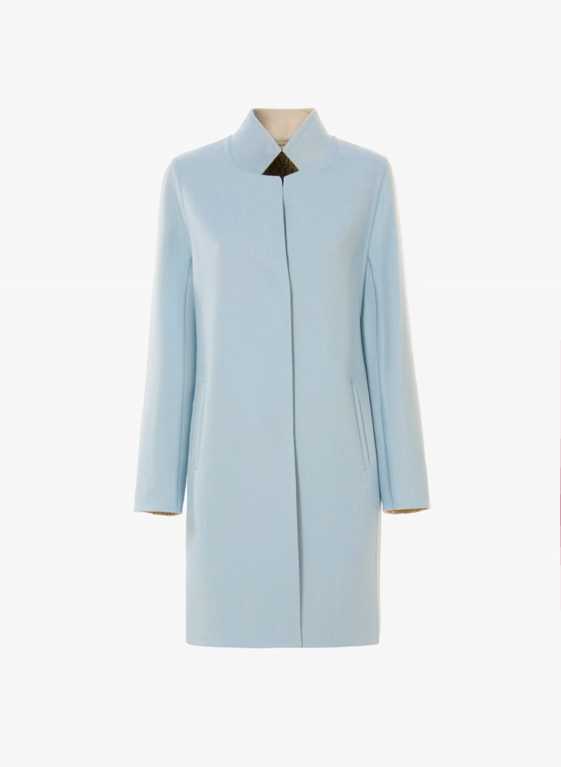 Two-tone light blue overcoat in pure double wool with inverted notch collar