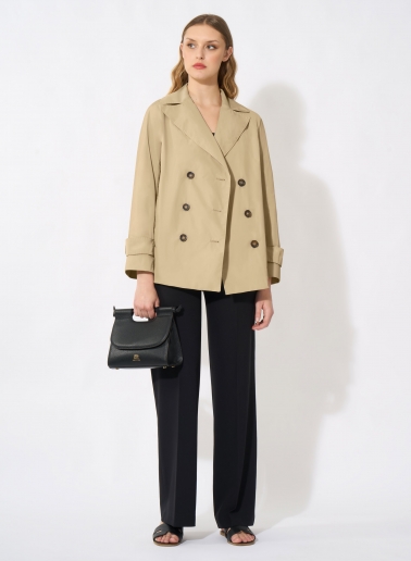 Double breasted beige jacket with maxi notch collar in rainproof technical fabric