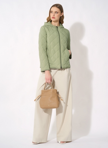 Military green quilted jacket in technical fabric with hood