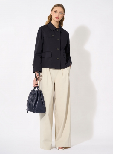Blue genuine leather bucket bag with gusset and logo